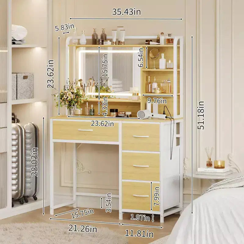 35.4 Vanity Desk with Mirror & Lights,Makeup Table with 4 Fabric Drawers & Storage Shelves,Adjustable Dressing Table for Bedroom