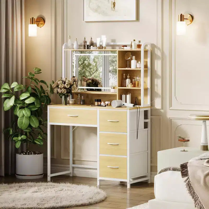 35.4 Vanity Desk with Mirror & Lights,Makeup Table with 4 Fabric Drawers & Storage Shelves,Adjustable Dressing Table for Bedroom