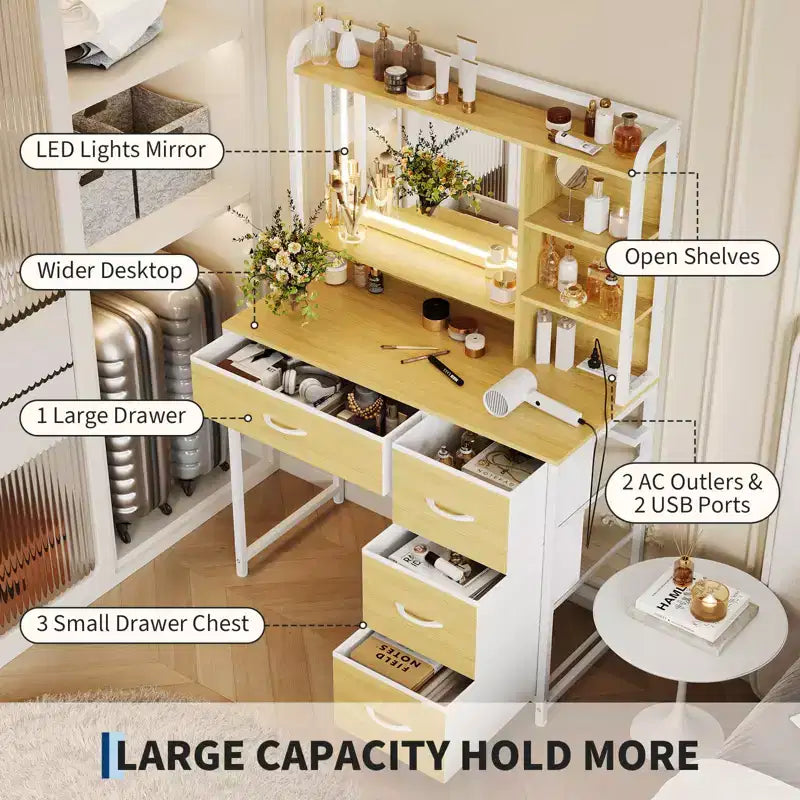 35.4 Vanity Desk with Mirror & Lights,Makeup Table with 4 Fabric Drawers & Storage Shelves,Adjustable Dressing Table for Bedroom