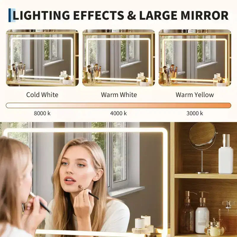 35.4 Vanity Desk with Mirror & Lights,Makeup Table with 4 Fabric Drawers & Storage Shelves,Adjustable Dressing Table for Bedroom