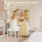 35.4 Vanity Desk with Mirror & Lights,Makeup Table with 4 Fabric Drawers & Storage Shelves,Adjustable Dressing Table for Bedroom