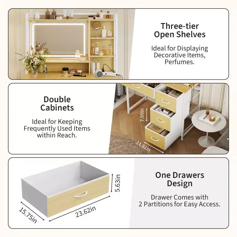 35.4 Vanity Desk with Mirror & Lights,Makeup Table with 4 Fabric Drawers & Storage Shelves,Adjustable Dressing Table for Bedroom