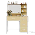 35.4 Vanity Desk with Mirror & Lights,Makeup Table with 4 Fabric Drawers & Storage Shelves,Adjustable Dressing Table for Bedroom