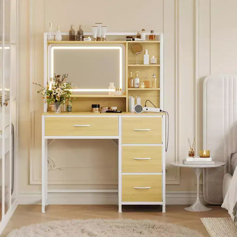 35.4 Vanity Desk with Mirror & Lights,Makeup Table with 4 Fabric Drawers & Storage Shelves,Adjustable Dressing Table for Bedroom