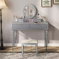 GDFStudio Cara Retro Vanity Desk with Height-Adjustable Round Mirror, Faux Leather Stool and 4 Drawers
