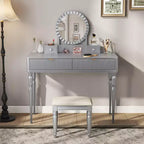 GDFStudio Cara Retro Vanity Desk with Height-Adjustable Round Mirror, Faux Leather Stool and 4 Drawers