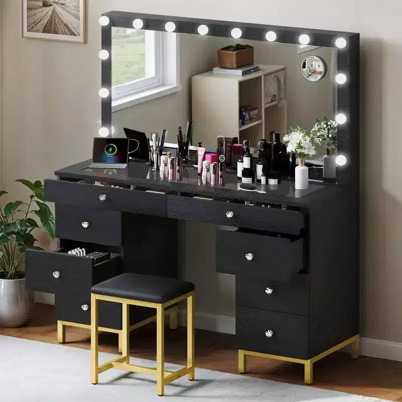Vanity Desk With Large Lighted Mirror, 14 Lights Makeup Vanity Table With 8 Large Drawers & Charging Station, Makeup Vanity Desk