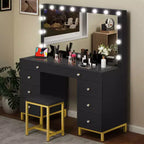 Make-uptafel met grote verlichte spiegel, make-uptafel met 14 lampen, 8 grote laden en oplaadstation