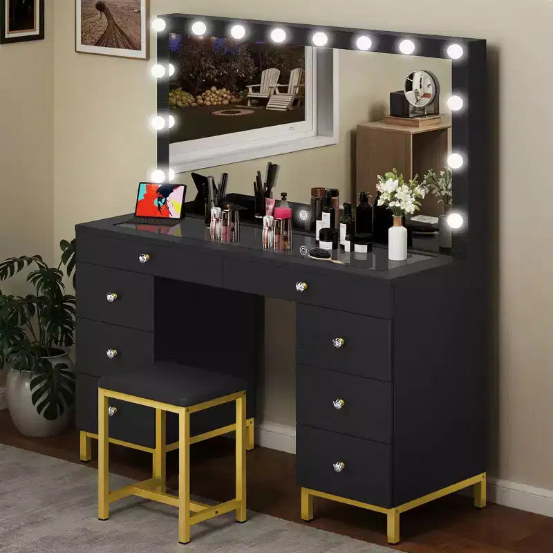 Make-uptafel met grote verlichte spiegel, make-uptafel met 14 lampen, 8 grote laden en oplaadstation