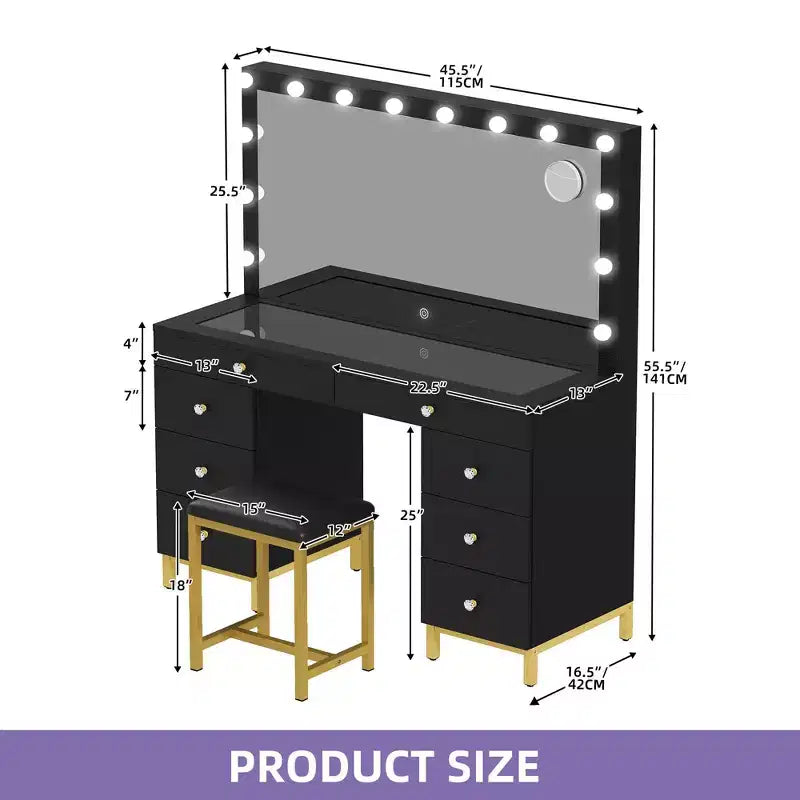 Make-uptafel met grote verlichte spiegel, make-uptafel met 14 lampen, 8 grote laden en oplaadstation