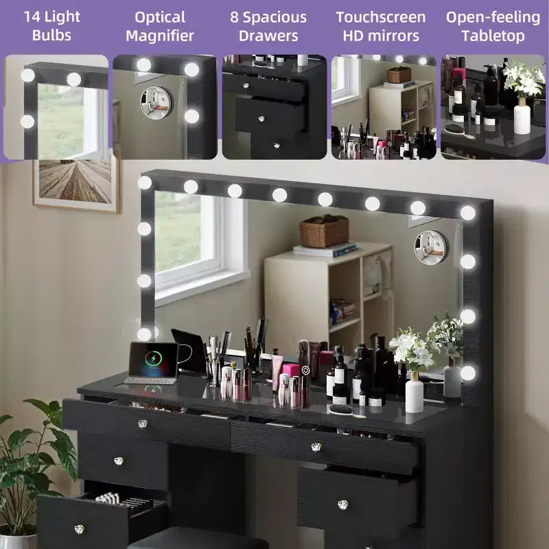 Make-uptafel met grote verlichte spiegel, make-uptafel met 14 lampen, 8 grote laden en oplaadstation