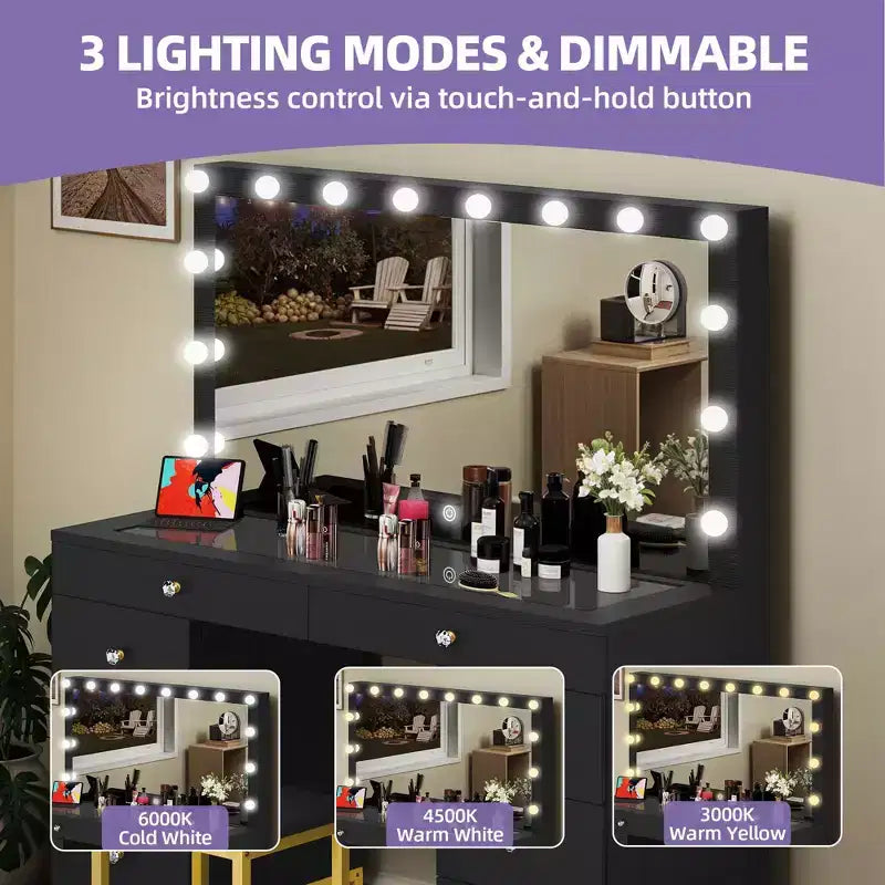 Make-uptafel met grote verlichte spiegel, make-uptafel met 14 lampen, 8 grote laden en oplaadstation