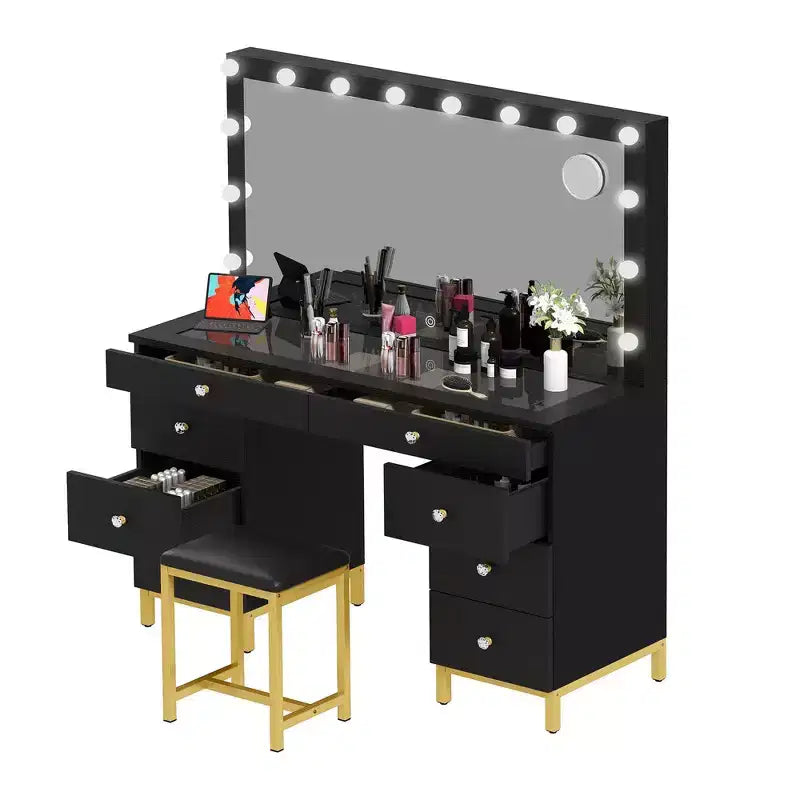 Make-uptafel met grote verlichte spiegel, make-uptafel met 14 lampen, 8 grote laden en oplaadstation