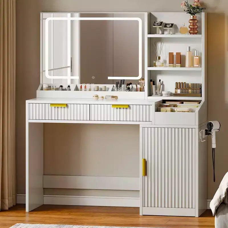 Balconera Schminktisch mit großem beleuchtetem Spiegel, Ablagefächern, 2 Schubladen, 3 Beleuchtungsmodi und einstellbarer Helligkeit