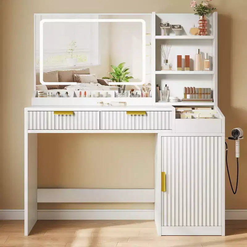 Balconera Vanity Desk With Large Lighted Mirror Makeup Vanity Table Shelves 2 Drawers 3 Lighting Modes Brightness Adjustable