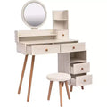 Modern Vanity Table and Stool Set - Touch Control LED Mirror with 5 Drawers for Bedroom and Dressing Room (White Oak)