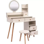 Modern Vanity Table and Stool Set - Touch Control LED Mirror with 5 Drawers for Bedroom and Dressing Room (White Oak)