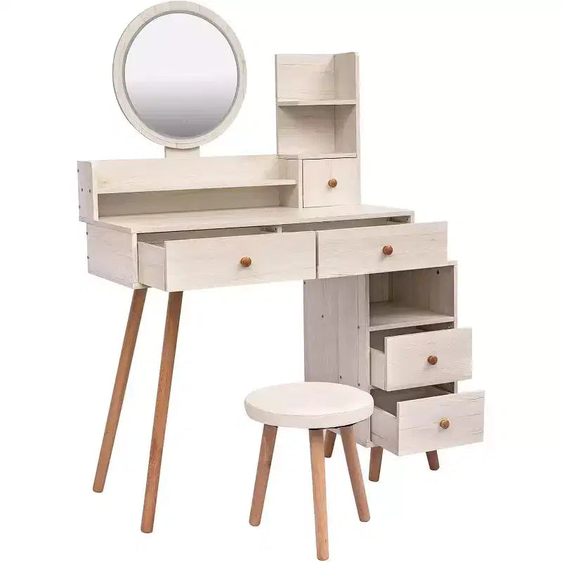Modern Vanity Table and Stool Set - Touch Control LED Mirror with 5 Drawers for Bedroom and Dressing Room (White Oak)