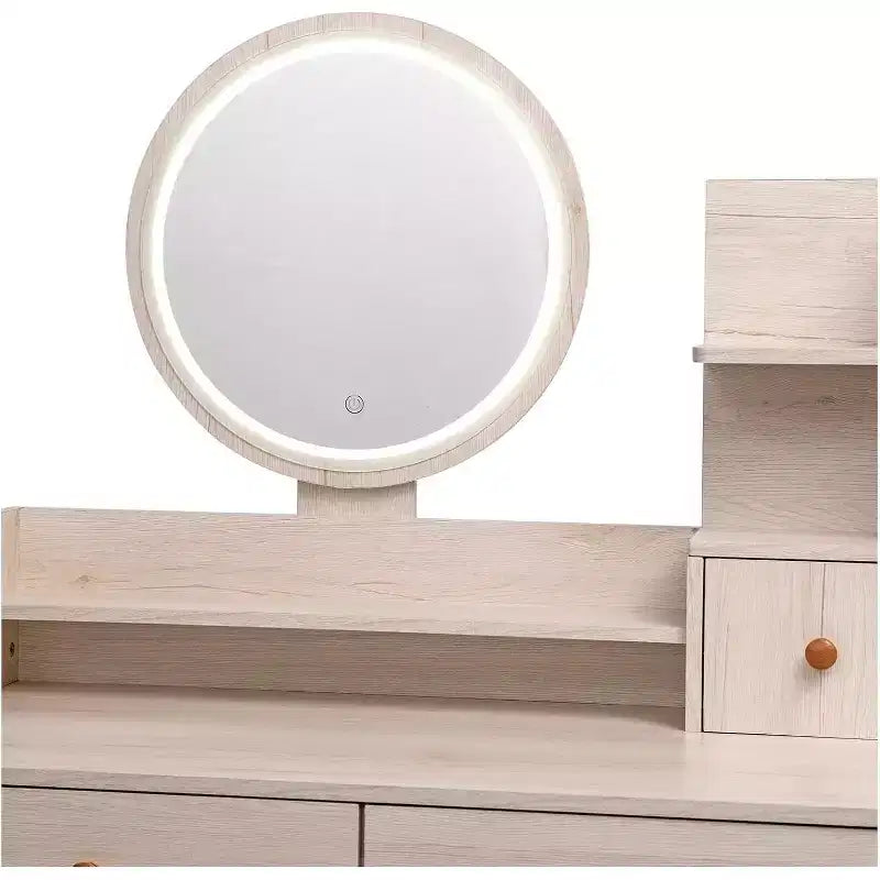 Modernes Schminktisch- und Hocker-Set – LED-Spiegel mit Touch-Steuerung und 5 Schubladen für Schlafzimmer und Ankleidezimmer (Weißeiche)