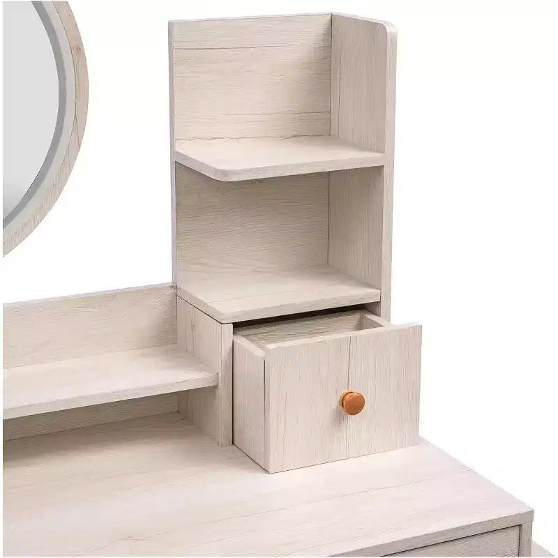 Modernes Schminktisch- und Hocker-Set – LED-Spiegel mit Touch-Steuerung und 5 Schubladen für Schlafzimmer und Ankleidezimmer (Weißeiche)