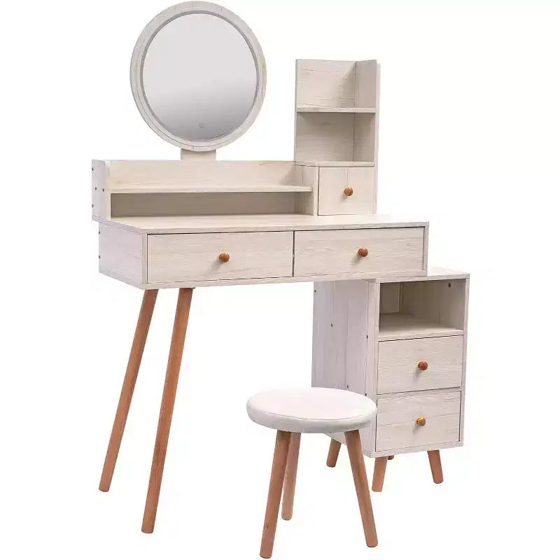 Modernes Schminktisch- und Hocker-Set – LED-Spiegel mit Touch-Steuerung und 5 Schubladen für Schlafzimmer und Ankleidezimmer (Weißeiche)