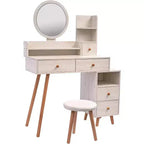 Modernes Schminktisch- und Hocker-Set – LED-Spiegel mit Touch-Steuerung und 5 Schubladen für Schlafzimmer und Ankleidezimmer (Weißeiche)