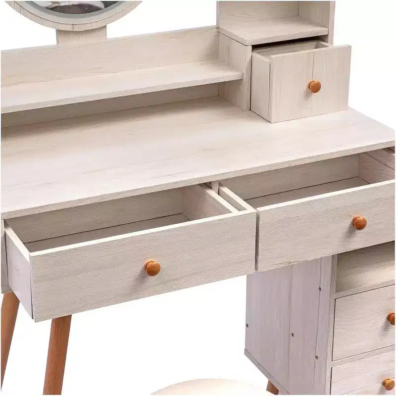 Modernes Schminktisch- und Hocker-Set – LED-Spiegel mit Touch-Steuerung und 5 Schubladen für Schlafzimmer und Ankleidezimmer (Weißeiche)
