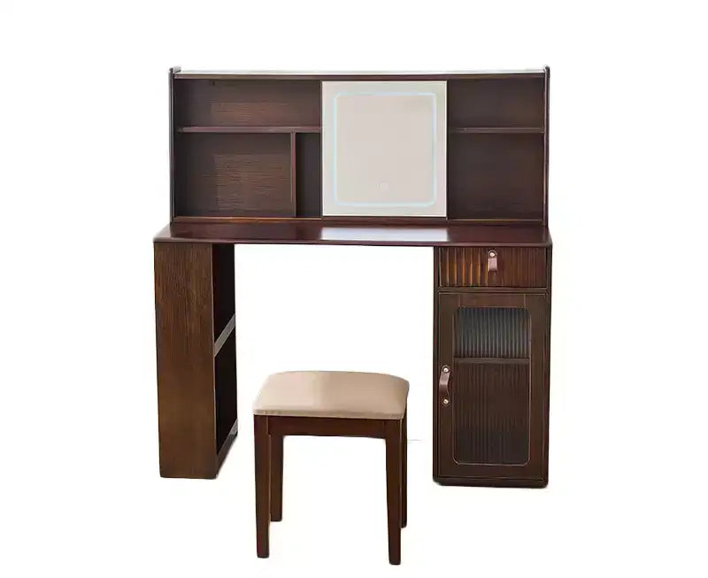 Makeup Vanity with Sliding Mirror & 3 Color Lights, Walnut Finish Vanity Desk with Display Shelf, Drawer & Cabinet