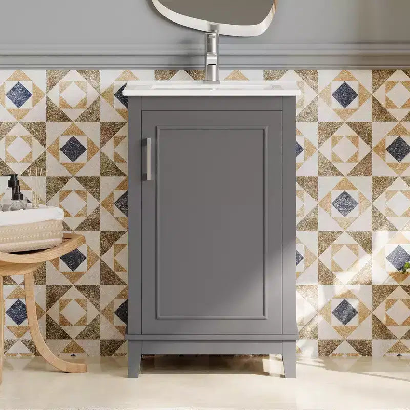 20 Inch Bathroom Vanity with Ceramic Sink, Soft Closing Doors & Double Layer Storage, Gray Single Sink Cabinet for Small Bathrooms