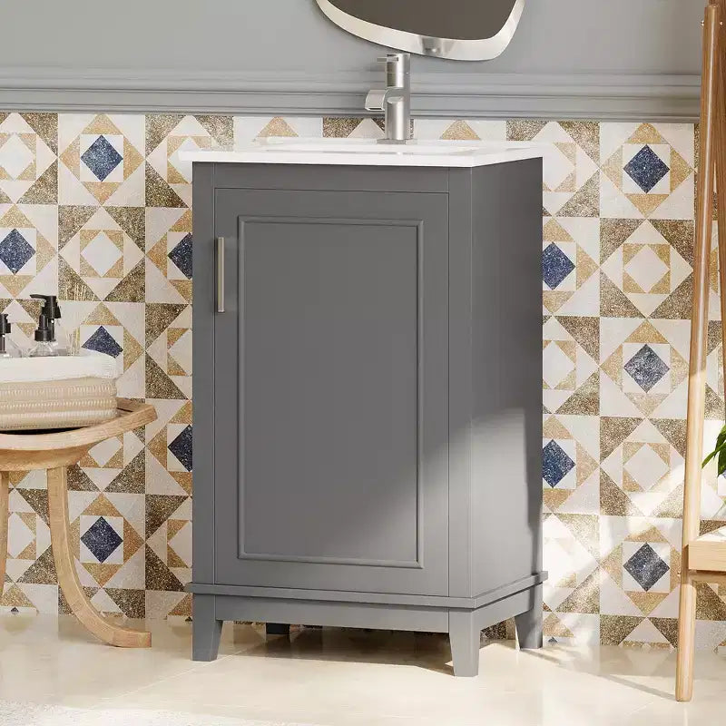 20 Inch Bathroom Vanity with Ceramic Sink, Soft Closing Doors & Double Layer Storage, Gray Single Sink Cabinet for Small Bathrooms