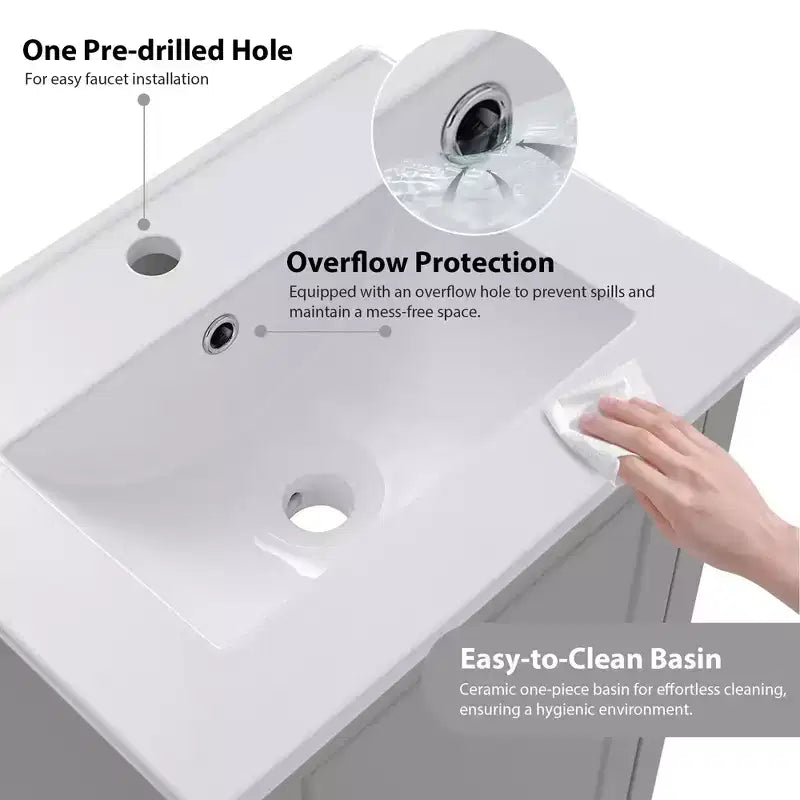 20 Inch Bathroom Vanity with Ceramic Sink, Soft Closing Doors & Double Layer Storage, Gray Single Sink Cabinet for Small Bathrooms