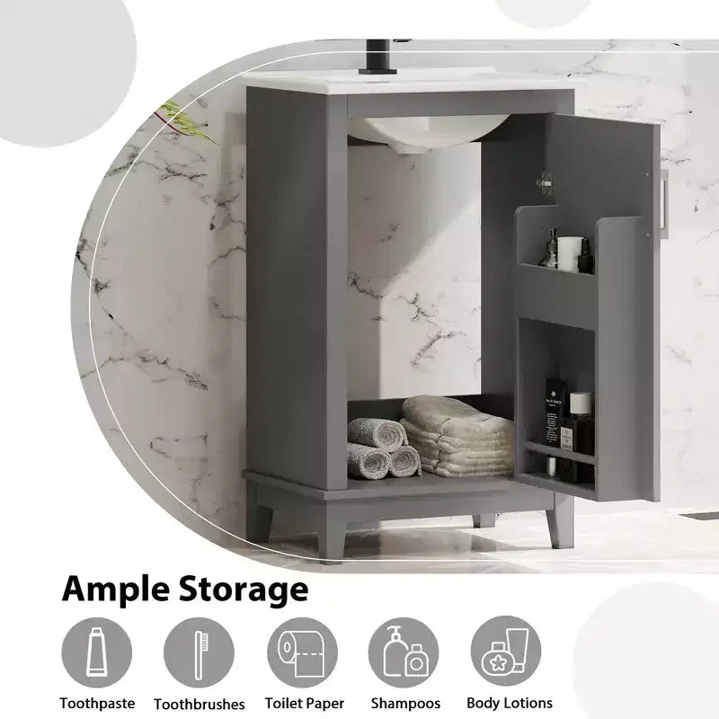 20 Inch Bathroom Vanity with Ceramic Sink, Soft Closing Doors & Double Layer Storage, Gray Single Sink Cabinet for Small Bathrooms