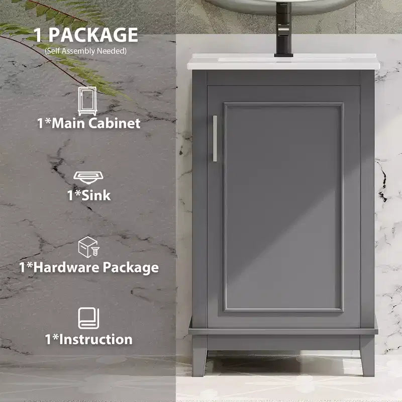 20 Inch Bathroom Vanity with Ceramic Sink, Soft Closing Doors & Double Layer Storage, Gray Single Sink Cabinet for Small Bathrooms