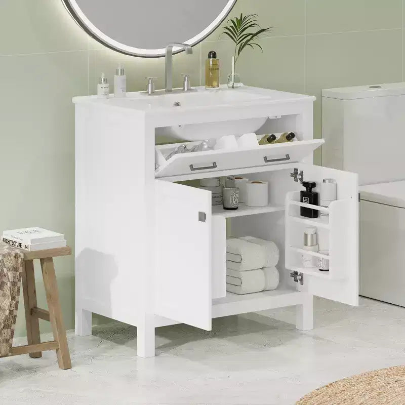 30 Inch Modern Bathroom Vanity with Ceramic Sink, Flip-Out Drawer, 2 Soft Close Doors & Storage Shelves, Green Bathroom Cabinet