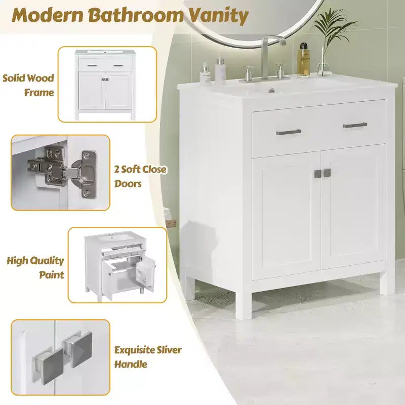 30 Inch Modern Bathroom Vanity with Ceramic Sink, Flip-Out Drawer, 2 Soft Close Doors & Storage Shelves, Green Bathroom Cabinet