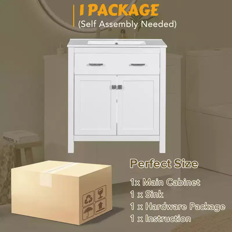 30 Inch Modern Bathroom Vanity with Ceramic Sink, Flip-Out Drawer, 2 Soft Close Doors & Storage Shelves, Green Bathroom Cabinet