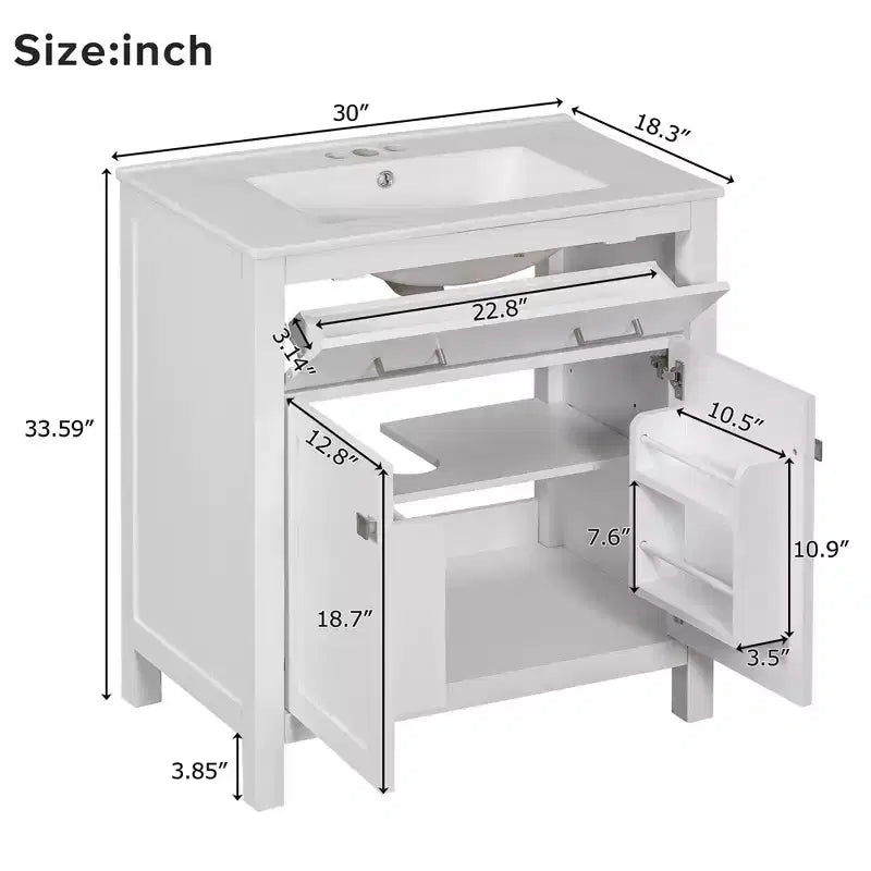 30 Inch Modern Bathroom Vanity with Ceramic Sink, Flip-Out Drawer, 2 Soft Close Doors & Storage Shelves, Green Bathroom Cabinet