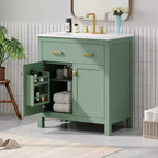 30 Inch Modern Bathroom Vanity with Ceramic Sink, Flip-Out Drawer, 2 Soft Close Doors & Storage Shelves, Green Bathroom Cabinet