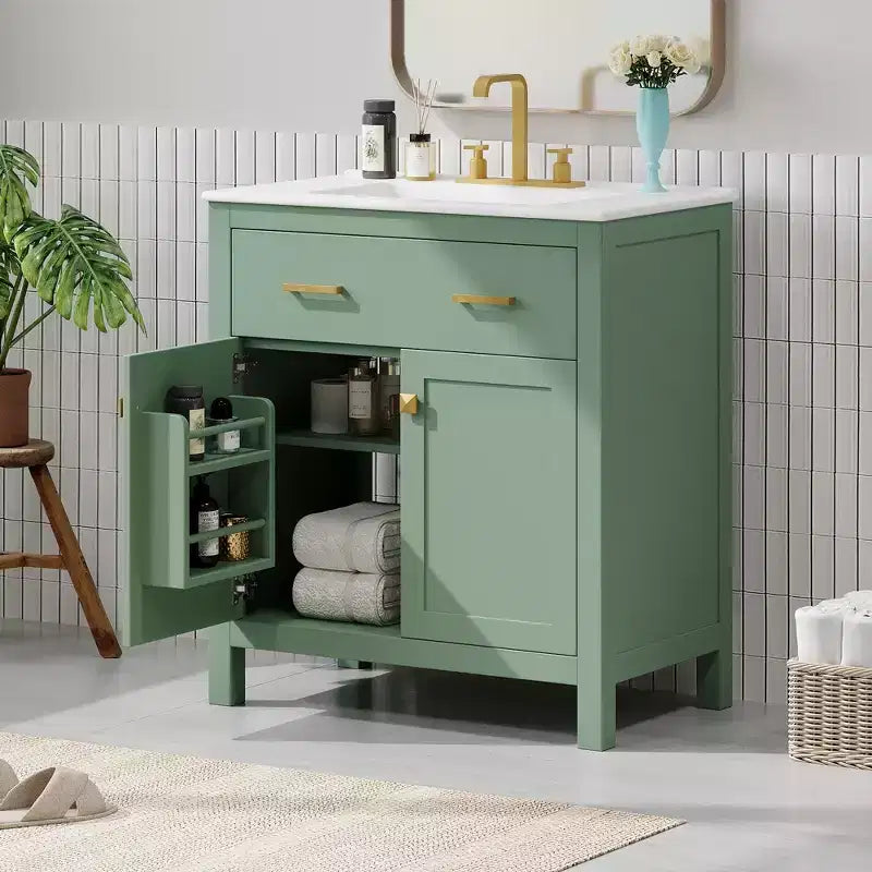 30 Inch Modern Bathroom Vanity with Ceramic Sink, Flip-Out Drawer, 2 Soft Close Doors & Storage Shelves, Green Bathroom Cabinet
