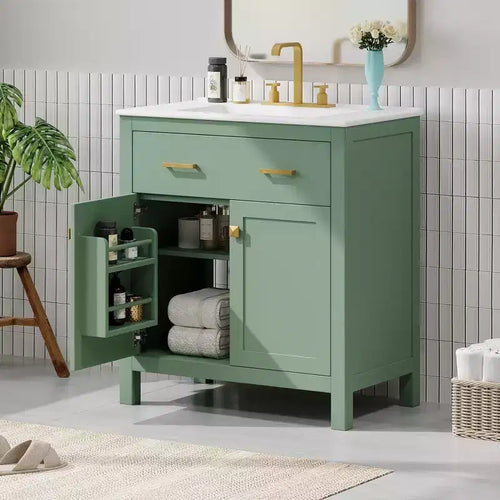 30 inch moderne badkamermeubel met keramische wastafel, uitklapbare lade, 2 softclosedeuren en opbergplanken, groene badkamerkast