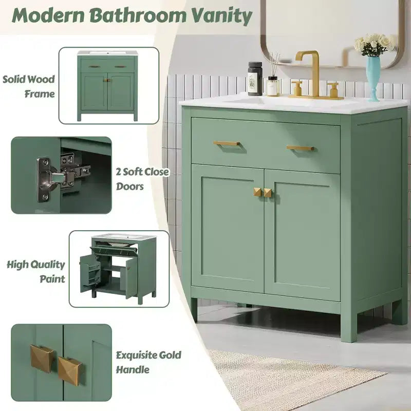 30 Inch Modern Bathroom Vanity with Ceramic Sink, Flip-Out Drawer, 2 Soft Close Doors & Storage Shelves, Green Bathroom Cabinet