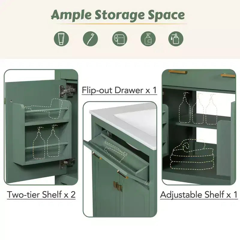 30 Inch Modern Bathroom Vanity with Ceramic Sink, Flip-Out Drawer, 2 Soft Close Doors & Storage Shelves, Green Bathroom Cabinet