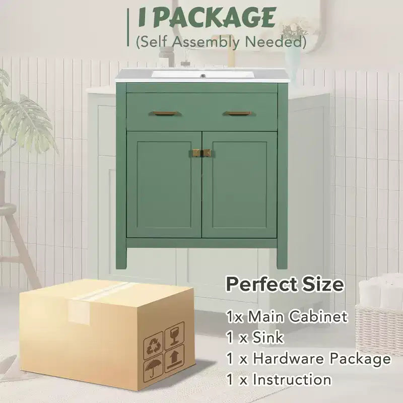 30 Inch Modern Bathroom Vanity with Ceramic Sink, Flip-Out Drawer, 2 Soft Close Doors & Storage Shelves, Green Bathroom Cabinet