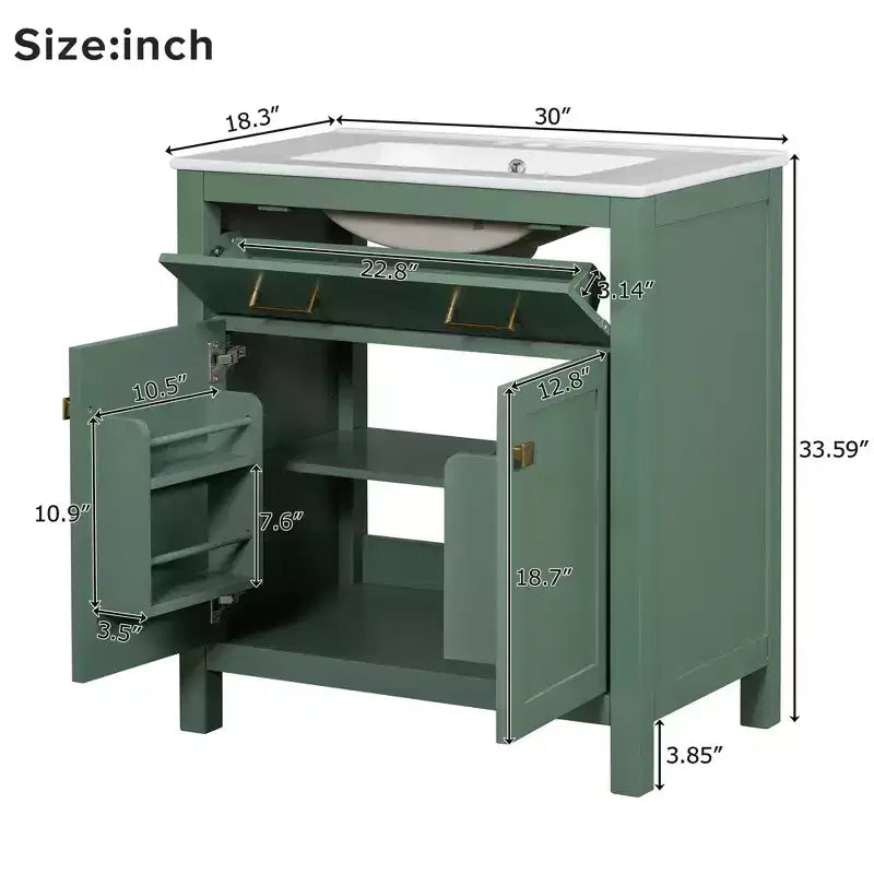 30 Inch Modern Bathroom Vanity with Ceramic Sink, Flip-Out Drawer, 2 Soft Close Doors & Storage Shelves, Green Bathroom Cabinet