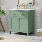 30 Inch Modern Bathroom Vanity with Ceramic Sink, Flip-Out Drawer, 2 Soft Close Doors & Storage Shelves, Green Bathroom Cabinet