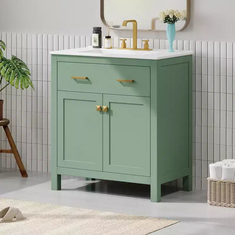 30 Inch Modern Bathroom Vanity with Ceramic Sink, Flip-Out Drawer, 2 Soft Close Doors & Storage Shelves, Green Bathroom Cabinet