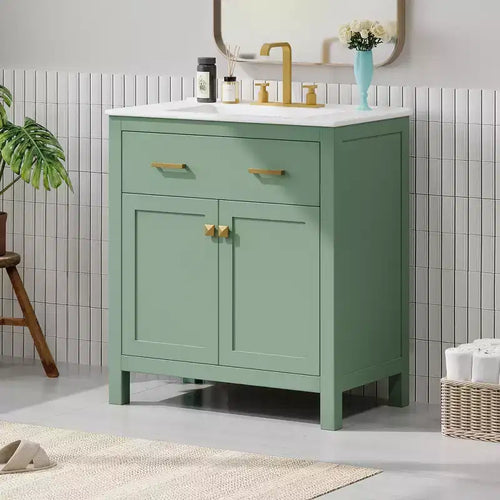 30 Inch Modern Bathroom Vanity with Ceramic Sink, Flip-Out Drawer, 2 Soft Close Doors & Storage Shelves, Green Bathroom Cabinet