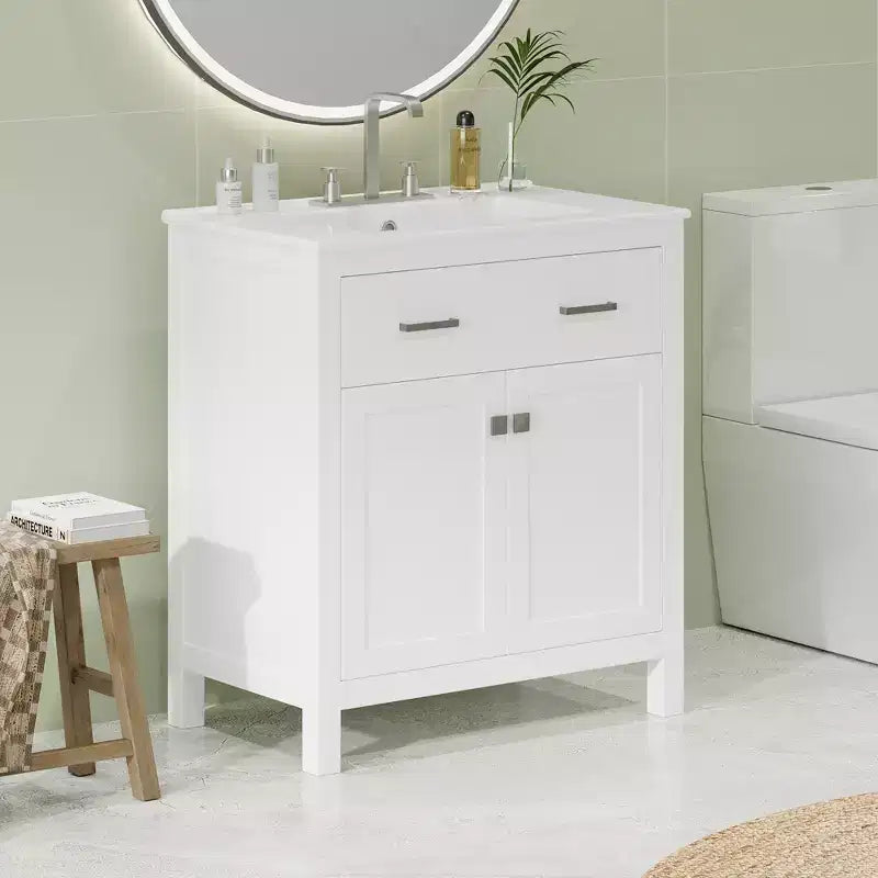 30 Inch Modern Bathroom Vanity with Ceramic Sink, Flip-Out Drawer, 2 Soft Close Doors & Storage Shelves, Green Bathroom Cabinet