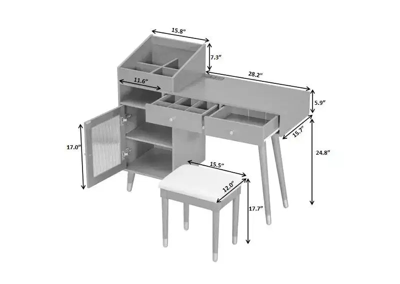 GDFStudio Ramesh modern, helytakarékos fésülködőasztal-szett zsámollyal, töltőporttal, fiókokkal és szekrénnyel