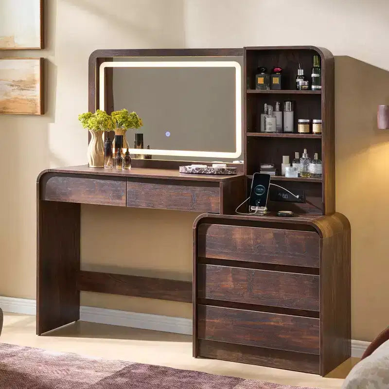 Vanity Desk with 35.4 LED Mirror and Lights, Modern Makeup Vanity Table with Charging Station & Adjustable Shelves
